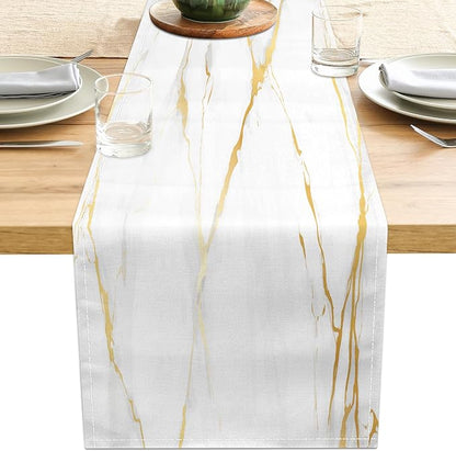 White Gold Table Runner Marble Linen Table Runners, Long Coffee Dresser Runners by LXXTK