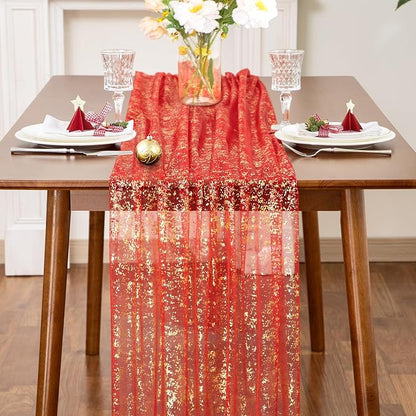 SiinvdaBZX 4 Pcs Red Gold Sheer Tulle Table Runner 120 Inch/10 Ft Long | Gauze - Image 3