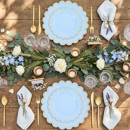LIYH 100 Pcs Baby Blue Plastic Plates, Wide Gold Scalloped Edge - Image 6