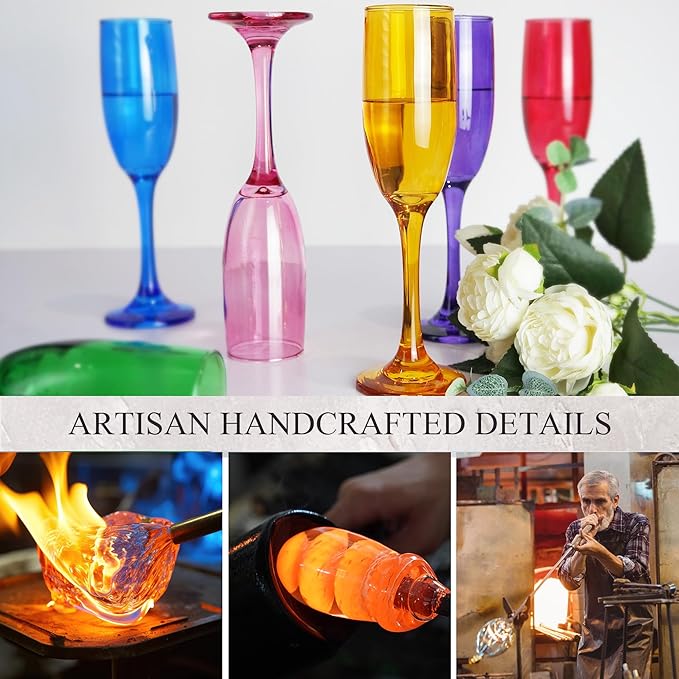 Champagne Flutes Glasses Set of 6-6oz Multi Colored Glass, Unique Colorful Long Stem Champagne Flute Gift for Wedding, Anniversaries, Parties, Birthday, Restaurant, Home Bar