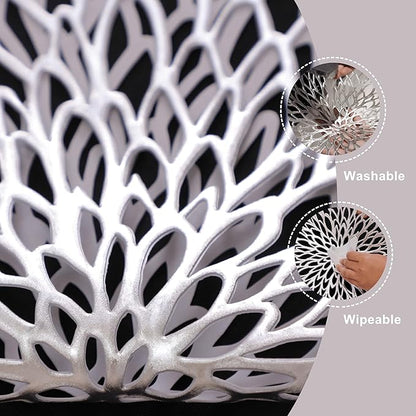 Snowkingdom 18 Pack Silver Placemats Metallic Glitter Vinyl Dinning Table Mats, Decorative Round Leaf Charger Bulk for Winter Thanksgiving Christmas Party Holiday Festive