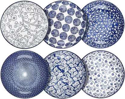 Selamica Porcelain Salad Pasta Bowls, Serving bowls, Microwave & Dishwasher Safe, Sturdy & Stackable - 26 Ounce, Set of 6, Vintage Blue