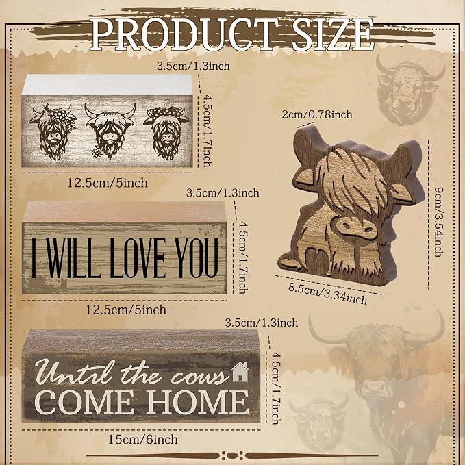 Moucuny 4 Pcs Highland Cow Table Decorations Rustic Western Tiered Tray Decor - Image 3
