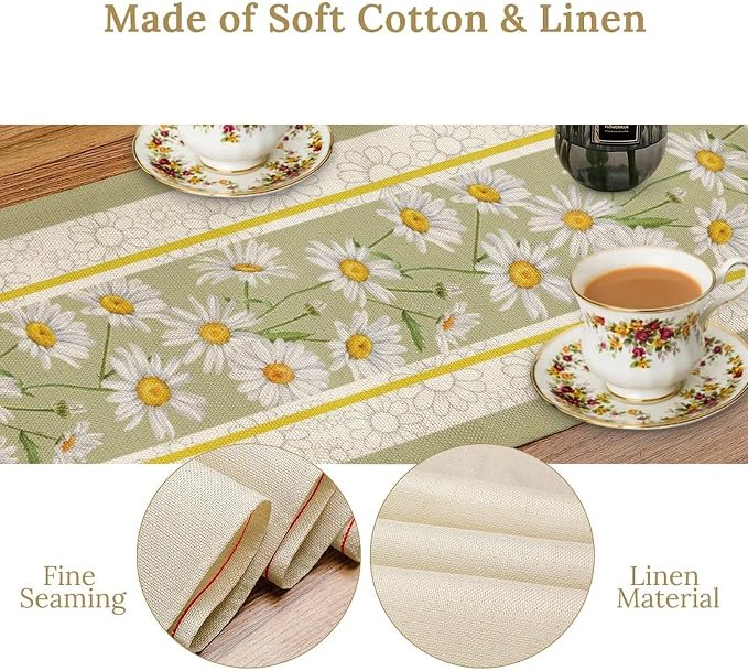 Daisy Table Runner, Rustic Spring Summer White Green Floral Flower Boho Vintage - Image 6
