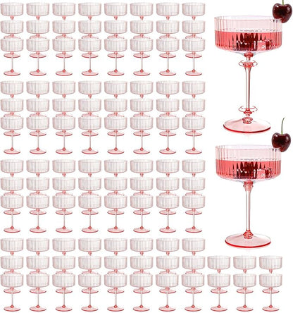 XUWAIDSGN 100 Pcs Champagne Martini Glasses 9 Oz with Gilded Removable Gold Rim Coupe Glasses Pink Martini Glasses Plastic Mimosa Vintage Coupe Glasses Set For Wedding Anniversary (100, Ribbed Pink)