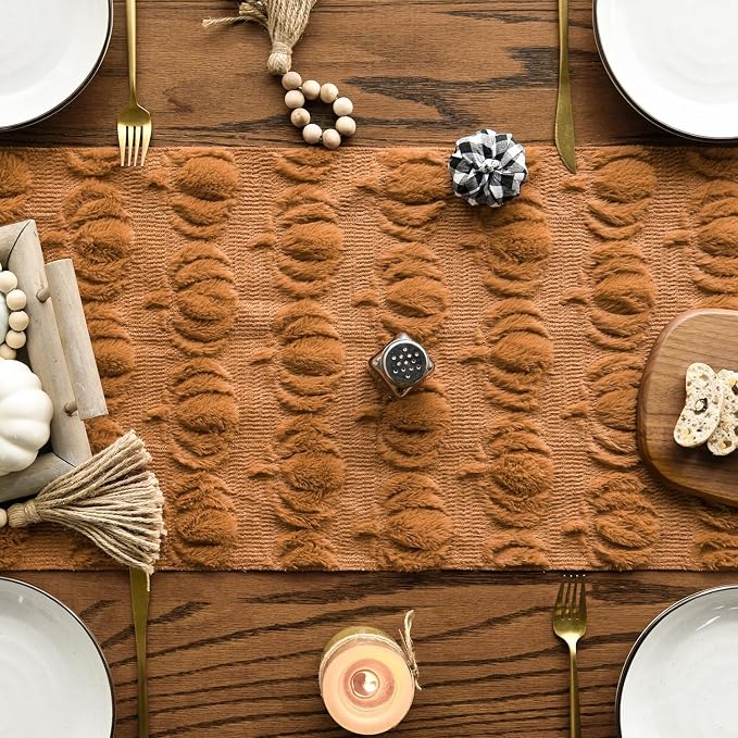 Artoid Mode Caramel Soft Faux Fur Pumpkins Fall Table Runner 13x36 Inch | - Image 2