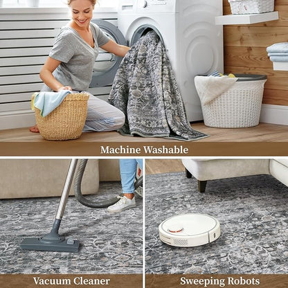 MontVoo-Vintage Area Rug 6X9 Grey Rugs for Living Room-Soft Distressed Printed Rugs for Bedroom-Non Slip Carpet-Machine Washable Rug for Dining Room Living Room Bedside Office