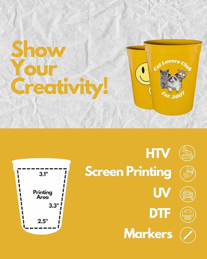 PartyPrints 100 Pack 16 oz Yellow Reusable Blank Plastic Cups, Stadium Cups - Image 3