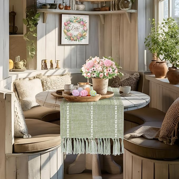Boho Table Runner Short 15.7 x 36 inch, Spring Sage Green Coffee Table Cover - Image 7