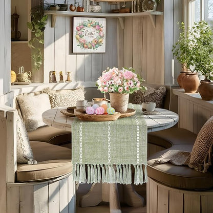 Boho Table Runner Short 15.7 x 36 inch, Spring Sage Green Coffee Table Cover - Image 7