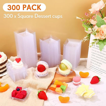 300 Pieces Mini Square Dessert Plates 2.5 x 2.5 Inch Disposable Appetizer Plates Small Clear Plastic Dish for Dessert Salad Appetizer Sauces Tastings Cake Wedding Party Serving (Clear)