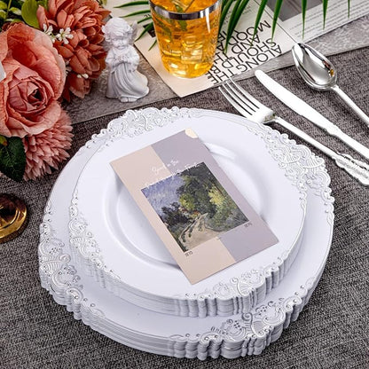 Hioasis 210pcs White and Silver Plates - White Party Plates for 30 Guest, Include 60 Heavy-duty Plates(20% Thicker Than Standard), 30 Pre Rolled silver Plastic Silverware Set, 30 Cups