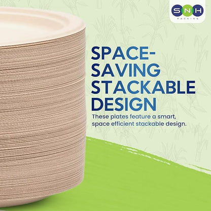 SNH Packing 100% Compostable Plates 9 Inch [125-Pack], Heavy Duty Dinner Paper Plates, Eco-Friendly Biodegradable Sugarcane Bagasse, Natural Brown Disposable Plates for Dessert, Party, BBQ & Picnic