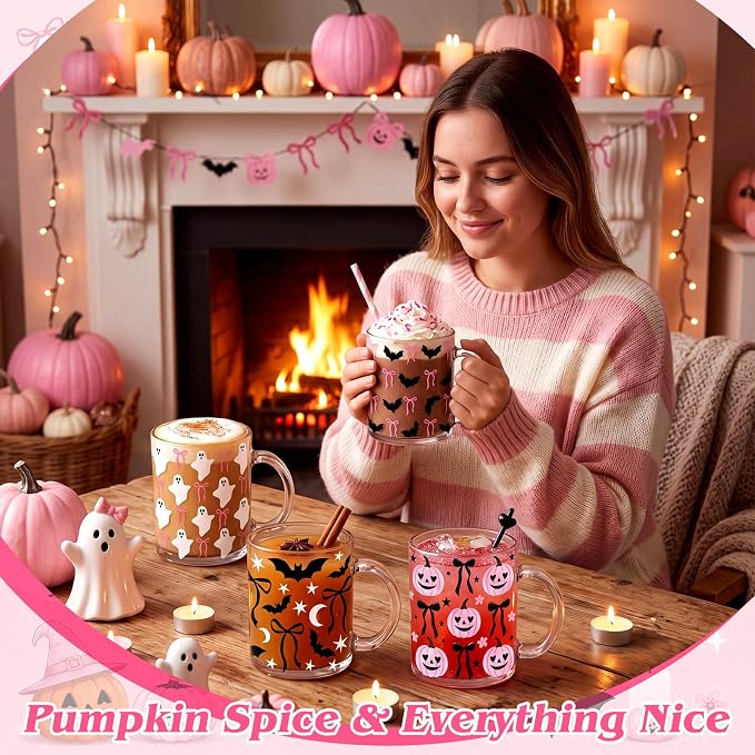 Tioncy 4 Pcs Halloween Coffee Mugs 12 oz Pink Pumpkin Glass Cups - Image 4