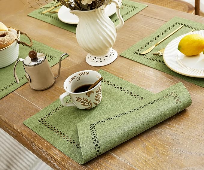 Farmhouse Burlap Hollow Placemats Set of 4, 12 x18 Inch Sage Green | Double - Image 4
