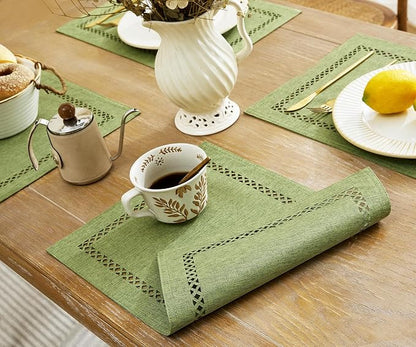 Farmhouse Burlap Hollow Placemats Set of 4, 12 x18 Inch Sage Green | Double - Image 4