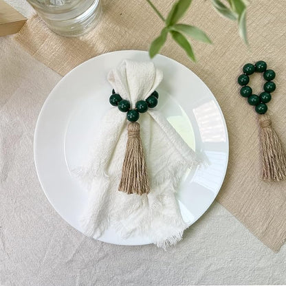 Christmas Napkin Rings Set of 12,Wooden Napkin Rings,Wood Bead Elastic Farmhouse Napkin Ring with Tassel,Boho Napkin Holder for Table Decor,Wedding,Dinner,Party (Dark Green)