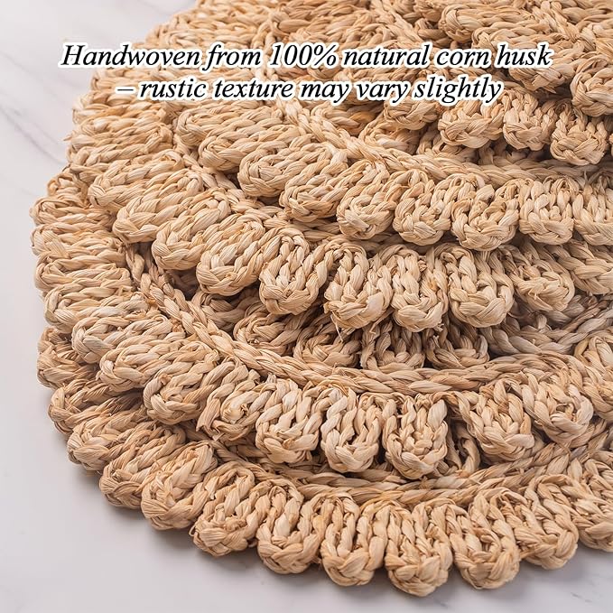 13.8" Set of 8 Round Corn Husk Placemats | Boho Woven Rattan Table Mats | Farmhouse Wicker Spring Plate Chargers Like Water Hyacinth, Seagrass for Wedding, Party, Christmas, Events