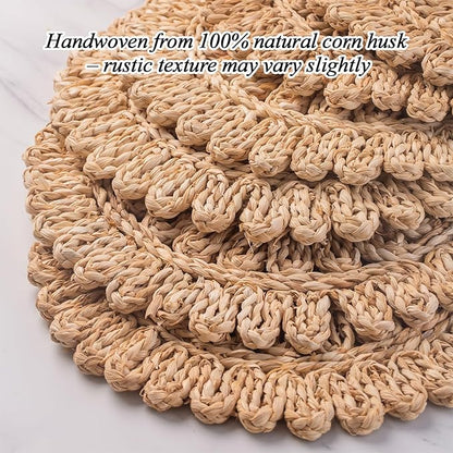 11.8" Set of 4 Round Corn Husk Placemats | Boho Woven Rattan Table Mats | Farmhouse Wicker Spring Plate Chargers Like Water Hyacinth, Seagrass for Wedding, Party, Christmas, Events