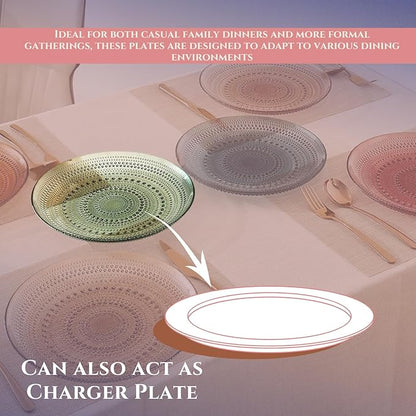 Khen Art Deco Vintage Crystal Glass Plates, Set of 6, 10.5' Dinner Plates - Dessert, Server Appetizer Plate, Snack Fruit, Side Serveware, Dishwasher Safe, 100%, Borosilicate Glass