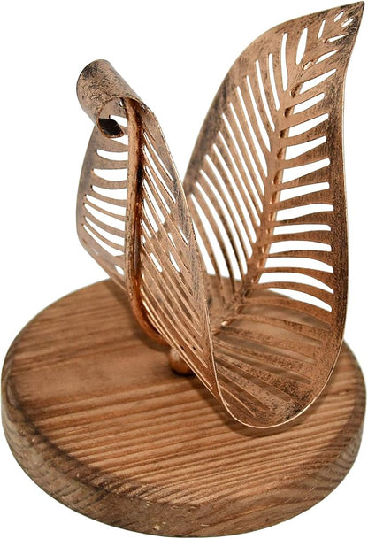 OwlGift Freestanding Modern Napkin Holder w/Bronze Metal Leaf & Brown Wooden Base Design, Tabletop Tissue Dispenser, Napkin Storage Organizer