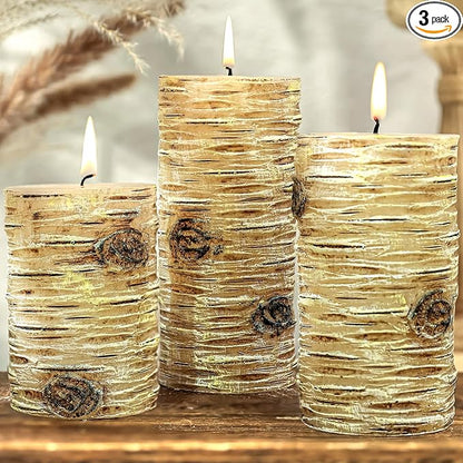Birch Bark Texture Pillar Candles Set - Real Wax 3 Sizes (4", 5", 6" Tall) Rustic Decor Fireplace Candles, Unscented Woodland Style Pillar Candle for Modern Farmhouse, Dining Table, Holiday Decor