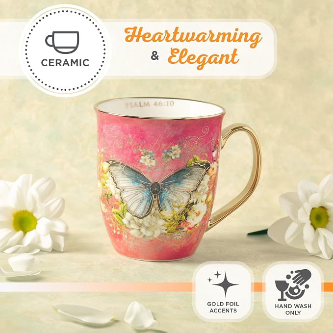 Christian Art Gifts Pink Butterfly Ceramic Coffee Mug - Image 4