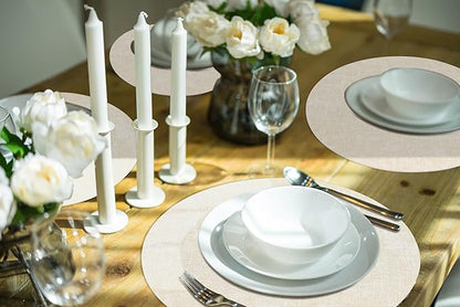 homing Round Faux Leather Placemat and Coaster 8 Packs, Washable Heat Resistant Dining Place Mats, Wipeable Double-Sided Table Mats for Indoor and Outdoor, Diameter 13 and 3.93 inch, Beige