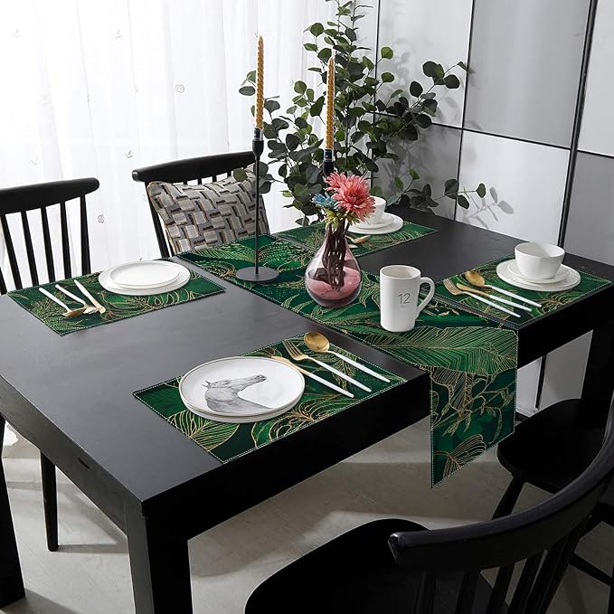 Table Runner and Placemats Set of 6, Tropical Palm | Leaves Geometric Green - Image 8