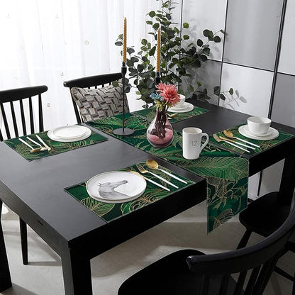 Table Runner and Placemats Set of 6, Tropical Palm | Leaves Geometric Green - Image 8