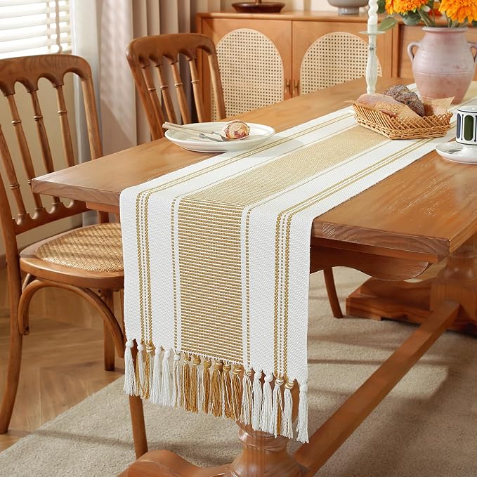 Gold Table Runner with Tassels, 72 Inches Long Farmhouse Macrame Cotton Linen - Image 5