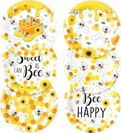 60 Pcs 7 Inch Honey Bee Paper Plates Bee Happy Shower Tableware Gender Reveal Party Dinnerware Honey Theme Day Birthday Party Tableware Decorations Favors
