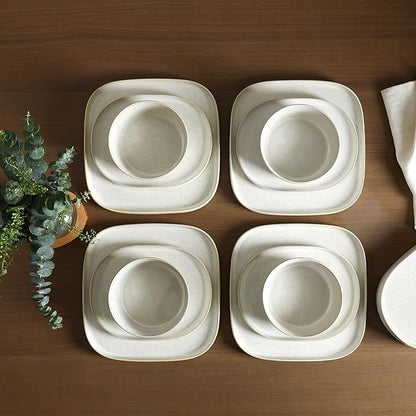 Stone Lain Cairo 12-Piece Dinnerware Set Stoneware, Plates and Bowls Set, Microwave and Dishwasher Safe, Includes Dinner and Salad Plates, Cereal Bowls, Dish for 4, White Speckled