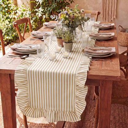 HunnmingRe Ruffle Trim Boho Table Runner Farmhouse Rustic Stripes Scalloped - Image 4