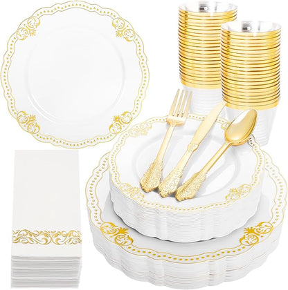 Ciaell 175 PCS White and Gold Plastic Plates - Fancy Gold Disposable Dinnerware Set with of 50 Plastic Plates, 25 Knives, 25 Forks, 25 Spoons, 25 Cups, 25 Napkins for Wedding, Party