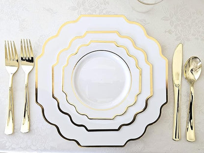 " OCCASIONS " 50 Plates Pack (25 Guests)-Heavyweight Wedding Party Disposable Plastic Plate Set -(25x10.5'' Dinner + 25x8'' Salad/Dessert) (Imperial White & Gold)