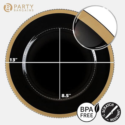 PARTY BARGAINS 13-Inch Charger Plates - 96 Pack, Black Gold Rim, Heavy-Duty Disposable Chargers for Elegant Dining - Ideal for Weddings and Formal Events