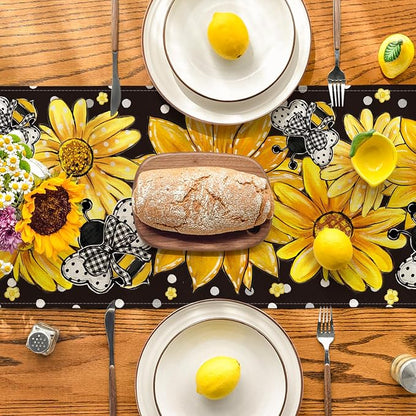 Artoid Mode Black Sunflower Bee Flower Polka Dot Summer Table Runner, Seasonal - Image 3