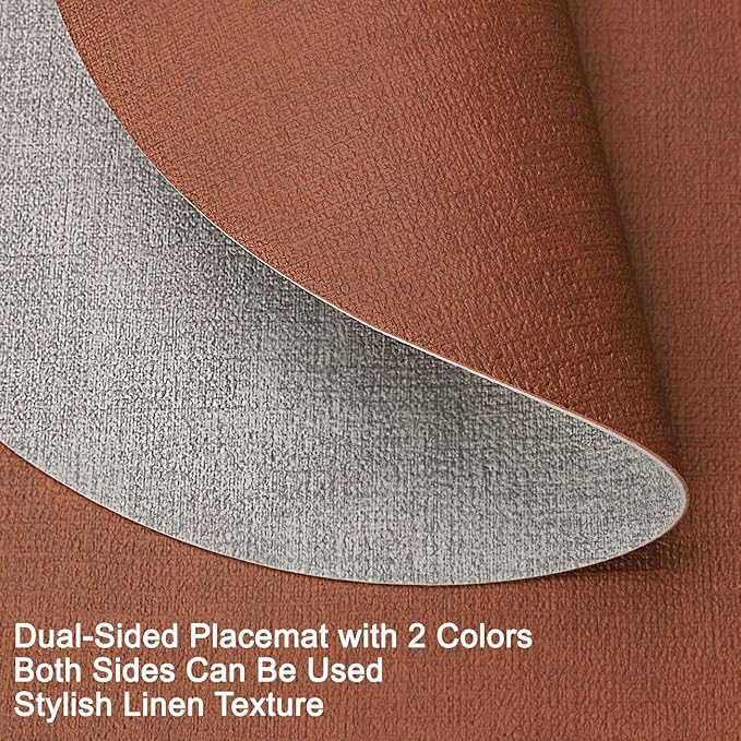Placemats and Coasters, Washable Placemats Round Faux Leather Wipeable Place Mats Non Slip Heat Resistant Indoor Outdoor Table Mats (Set of 4, Light Gray Reddish Brown)