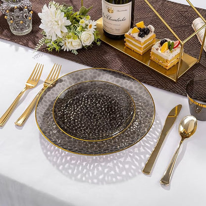 Rubtlamp 60Pcs Black Plastic Plates, Black Disposable Plates With Gold Rim, Clear Heavy-duty Party Plates, Hammered Plastic plates Include 30 Dessert Platos, 30 Dinner Platos for Party