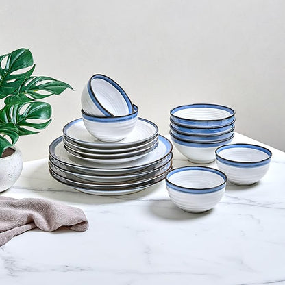 Sango Siterra Santorini 16-Piece Stoneware Dinnerware Set for 4, Ceramic White Plates and Bowls Sets with Blue Rim & Reactive Glaze, Chip Resistant Dish Set, Microwave & Dishwasher Safe Kitchen Dishes