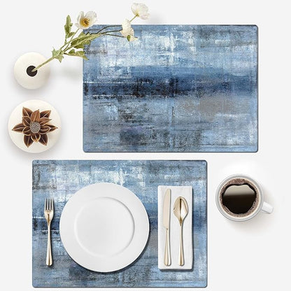 Mcalk Dark Blue Table Runner and Placemats Set of 6 Pieces, Blue Placemat, Cloth Place Mats Indoor for Kitchen, Washable Abstract Placemats Linen Material for Dining Table
