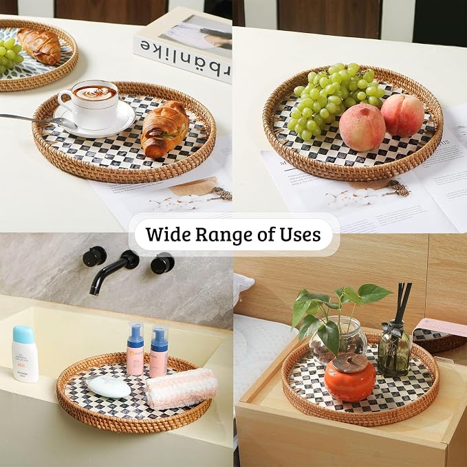 Round Rattan Tray with Mother of Pearl Inlay, Wooden Base | Coffee Table - Image 5
