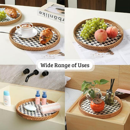 Round Rattan Tray with Mother of Pearl Inlay, Wooden Base | Coffee Table - Image 5
