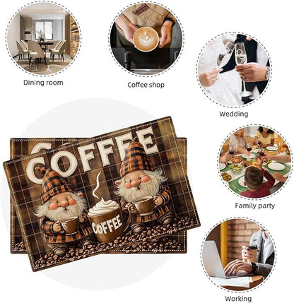 Coffee Gnomes Placemats Set of 6, Cafe Station Table Mats, Washable Place Mats for Coffee Bar Home Party Indoor Kitchen Dining Table Decor 12x18 Inch