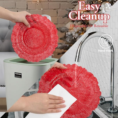 U-QE 60PCS Clear and Red Plastic Plates - Reef Plastic Plates Disposable&Reusable - Clear Red Plates Including 30 Plastic Dinner Plates 10" & 30 Plastic Dessert Plates 7" Perfect for Valentine's Day