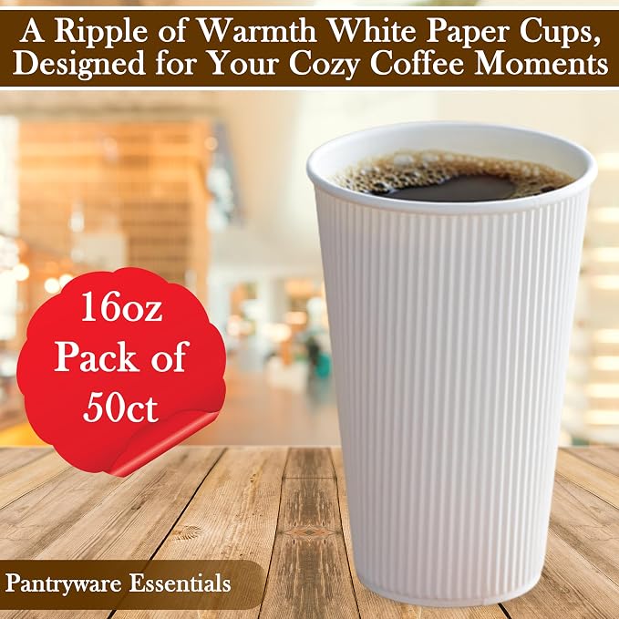 16oz Double Wall Ripple White Paper Coffee Cups- Pack of 50ct - Image 2