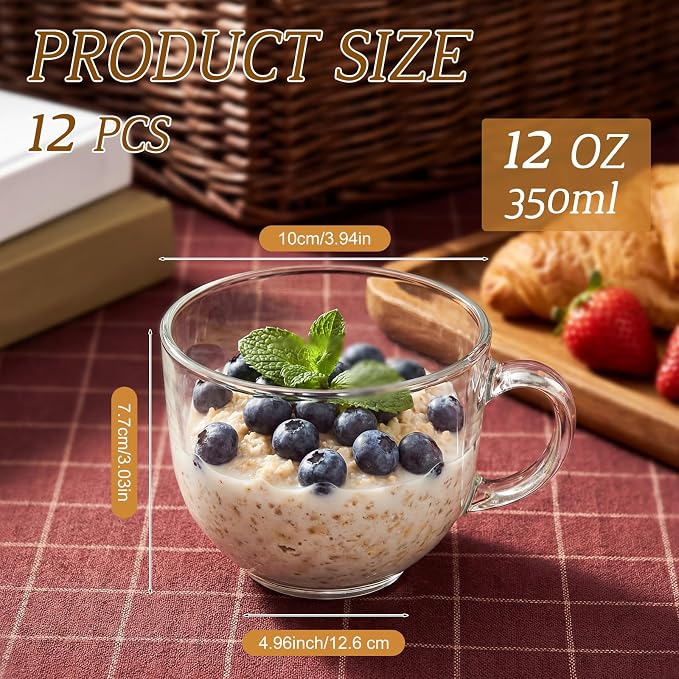 12 Pack Glass Coffee Mugs with Handles, 12 Ounces Glass Breakfast Mugs Bulk - Image 2