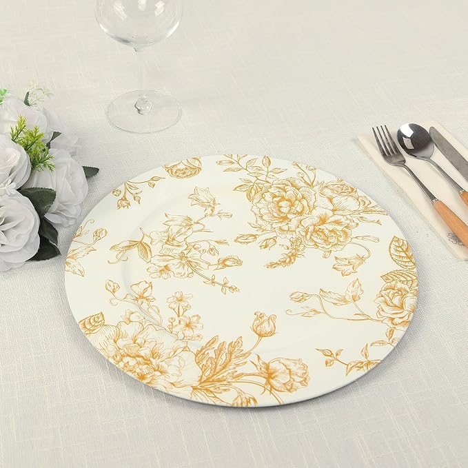 Efavormart 6 Pack White Gold Floral Acrylic Charger Plates in French Toile by efavormart