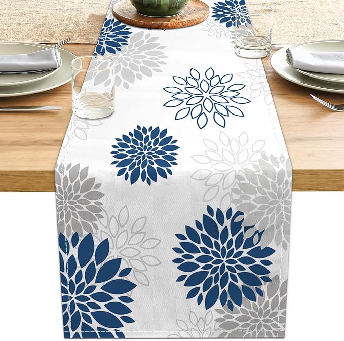 Dahlia Flower Table Runner 13x36 Inch Farmhouse Blue Gray Runners Modern Table by LXXTK